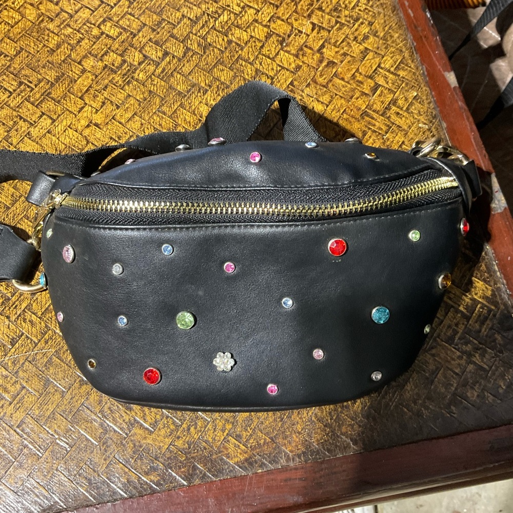 Steve Madden Black Studded Crystal Crossbody Belt Bag
